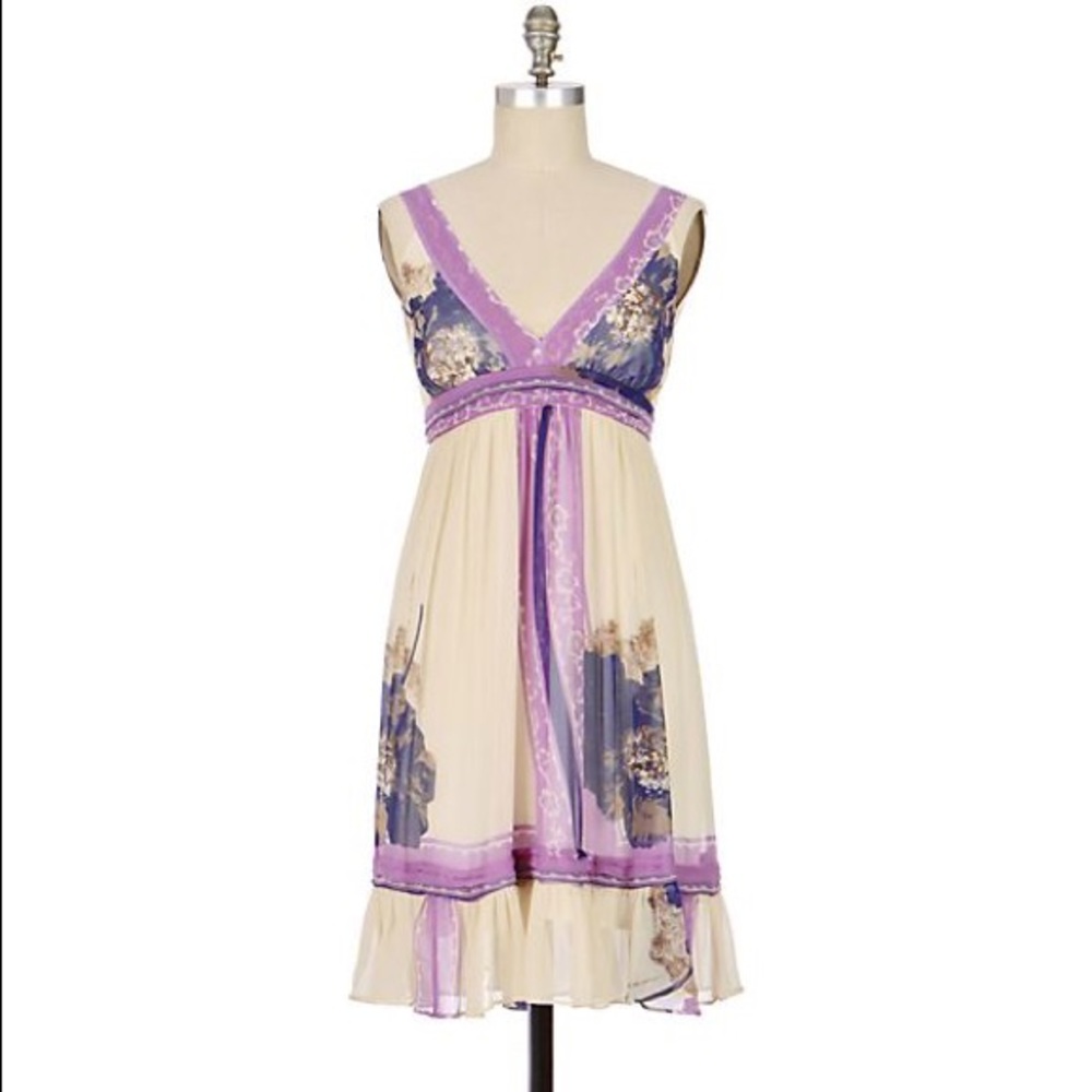 Anthropologie Floating Lotus Silk Cream and Purple Floral Dress - Picture 2 of 5